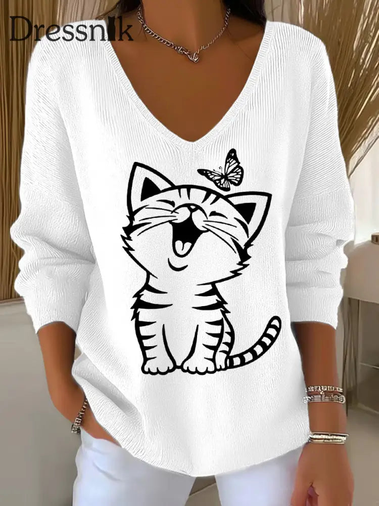 Lässiges Langarm-Top für Damen mit süßem Katzen druck Weiß / S