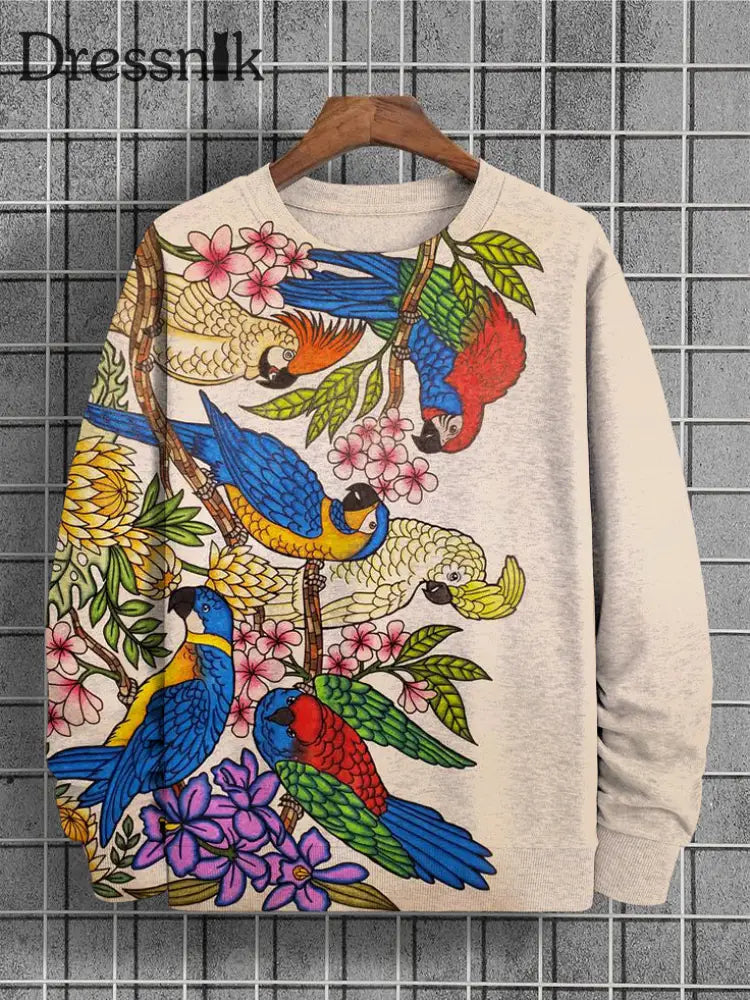 Lässiges Sweatshirt Mit Retro-Papagei-Blumen-Kunstdruck Beige / S