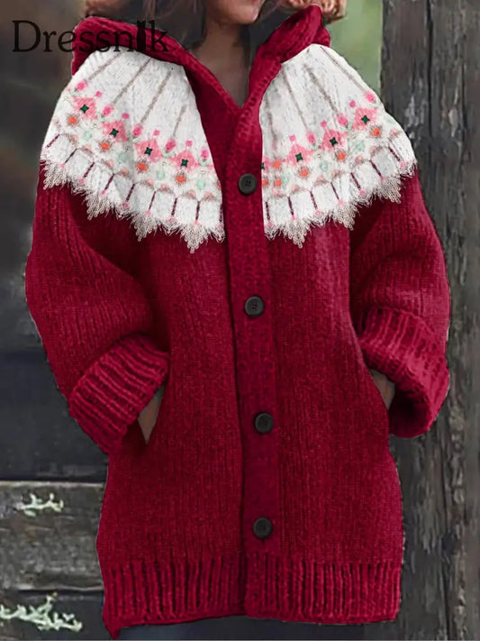 Langärmlige Strickjacke Mit Kapuzen Strickjacke Knöpfen Elegant Boho-Druck A / S