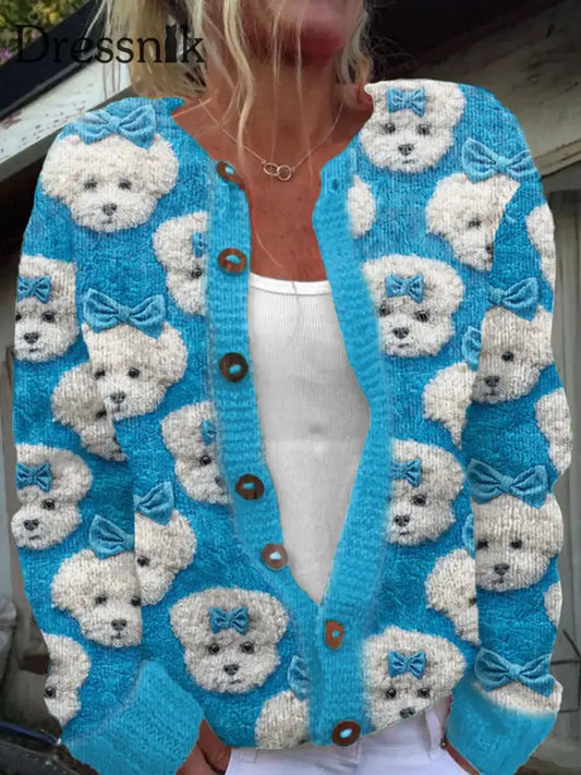 Langärmlige Strickjacke Mit Niedlichem Hunde Druck Knöpfen A / S