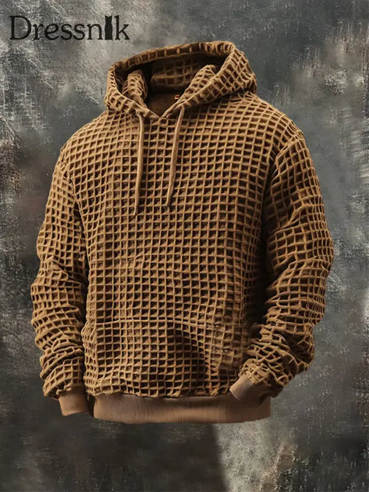 Langärmliger Kapuzen pullover mit Taschen für Herren Retro 3D Textur Braun / S