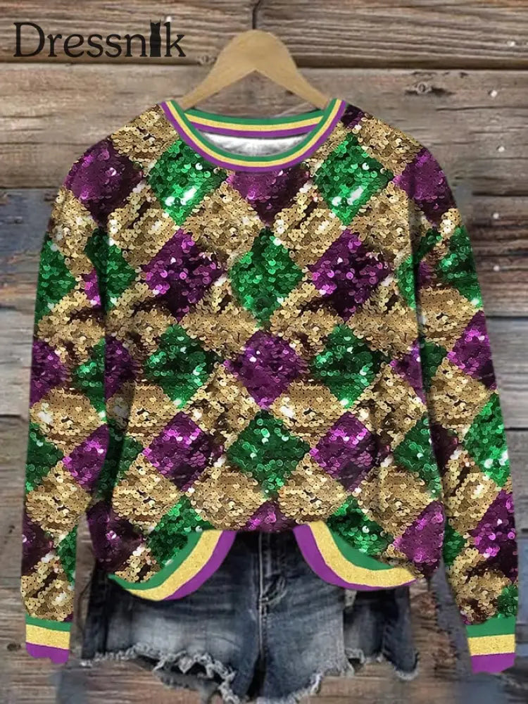 Langärmliges Damen-Sweatshirt Mit Mardi Gras-Pailletten-Print Picture 1 / S