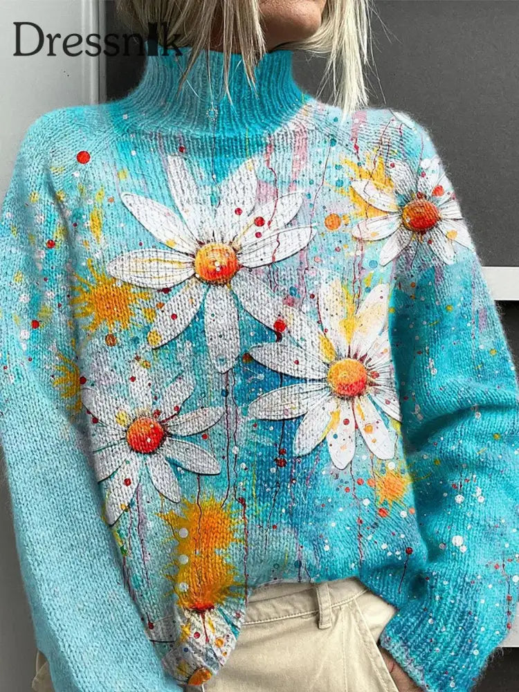 Langärmliges Dick Gestrickter Pullover Mit Blumen Kunst Vintage A / S