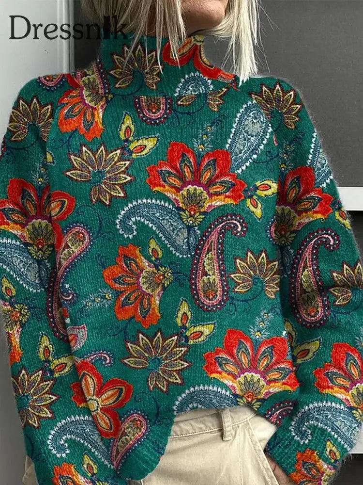 Langärmliges Dick Gestrickter Pullover Mit Blumen Kunst Vintage A / S