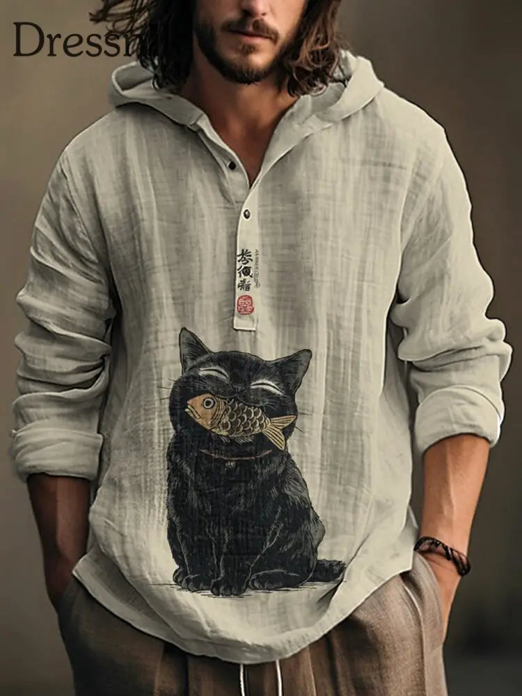 Langärmliges Herren hemd der japanischen Kunst katze lässig als bild / S