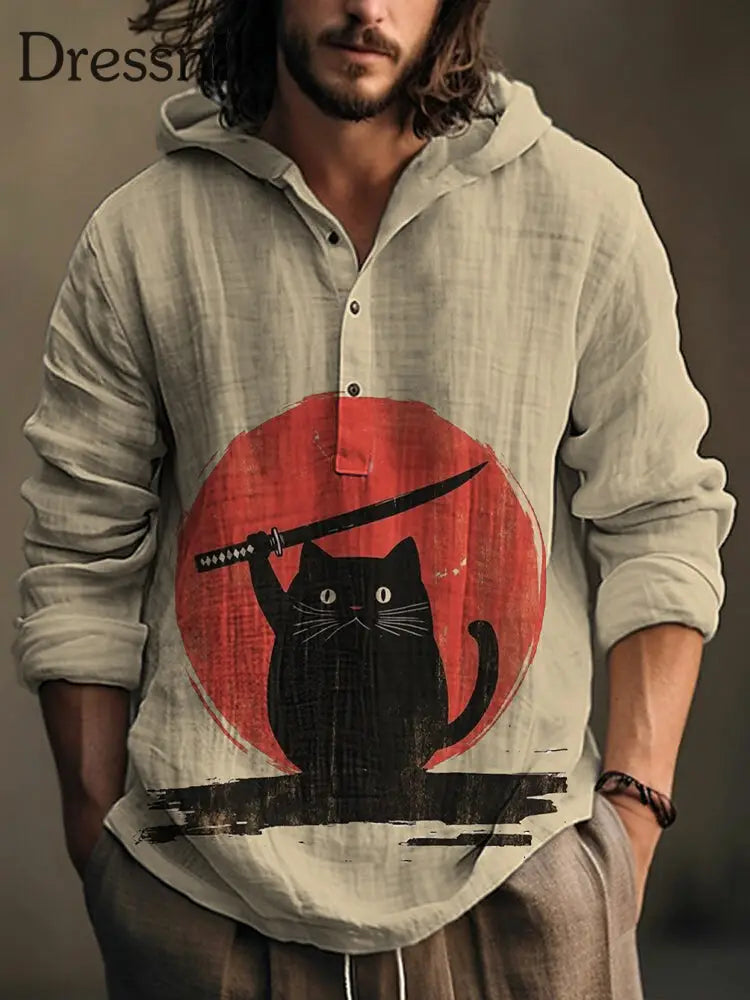Langärmliges Herren hemd der japanischen Kunst katze lässig als bild / S