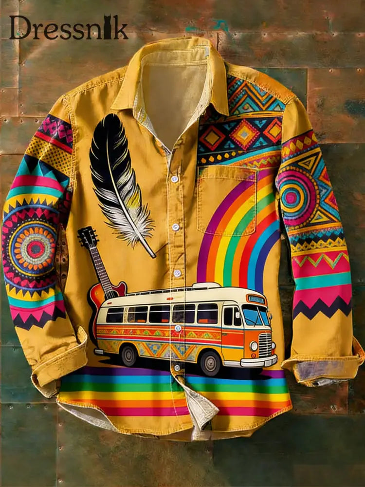 Langärmliges Herren hemd im Vintage-Hippie-Stil bedruckt A / S