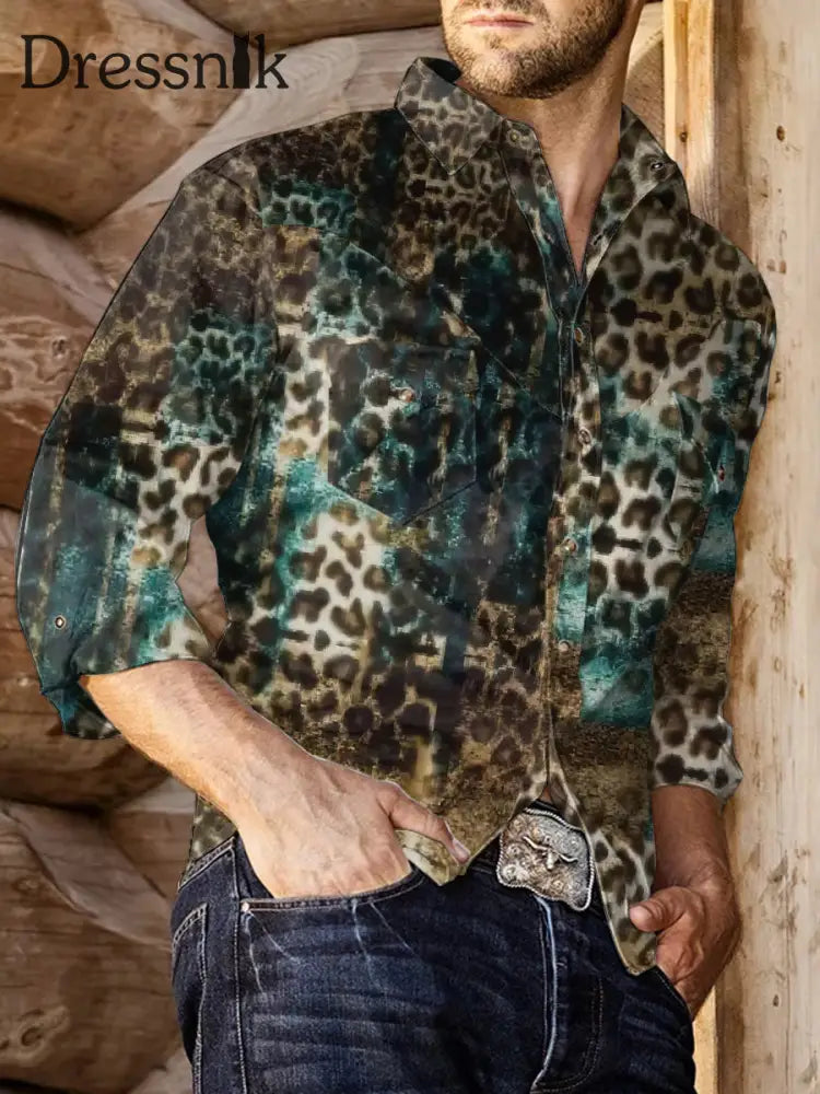 Langärmliges Herren-Vintage-Hemd Mit Leoparden Muster Bunt / S