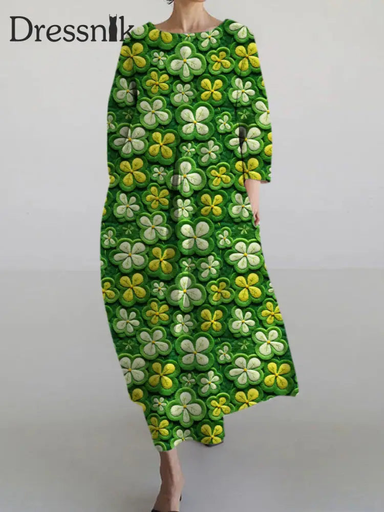 Langärmliges Maxi Kleid Mit Langen Ärmeln Frühling Grüner Blume Bedruckt A / S