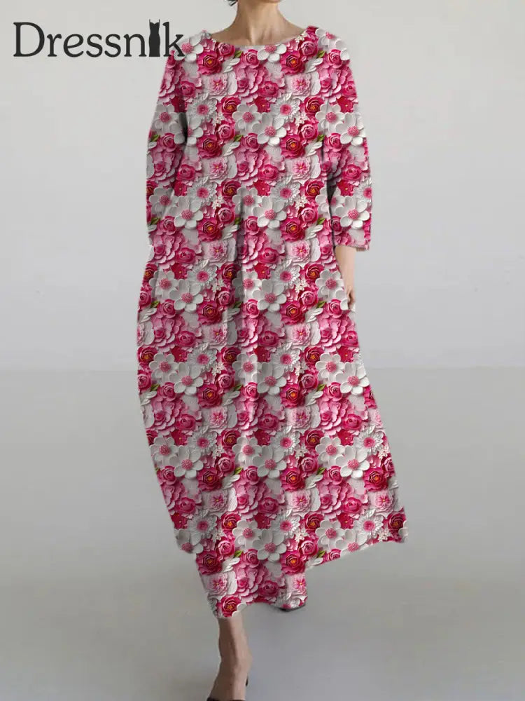 Langärmliges Maxi Kleid Mit Rundhals Ausschnitt Rosa Frühlings Blumen Bedruckt A / S