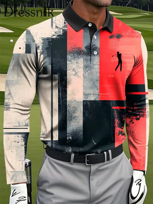 Langärmliges Polos hirt für Herren Retro-Geometrisches buntes Tinten-Kunstdruck-Design bunt / S