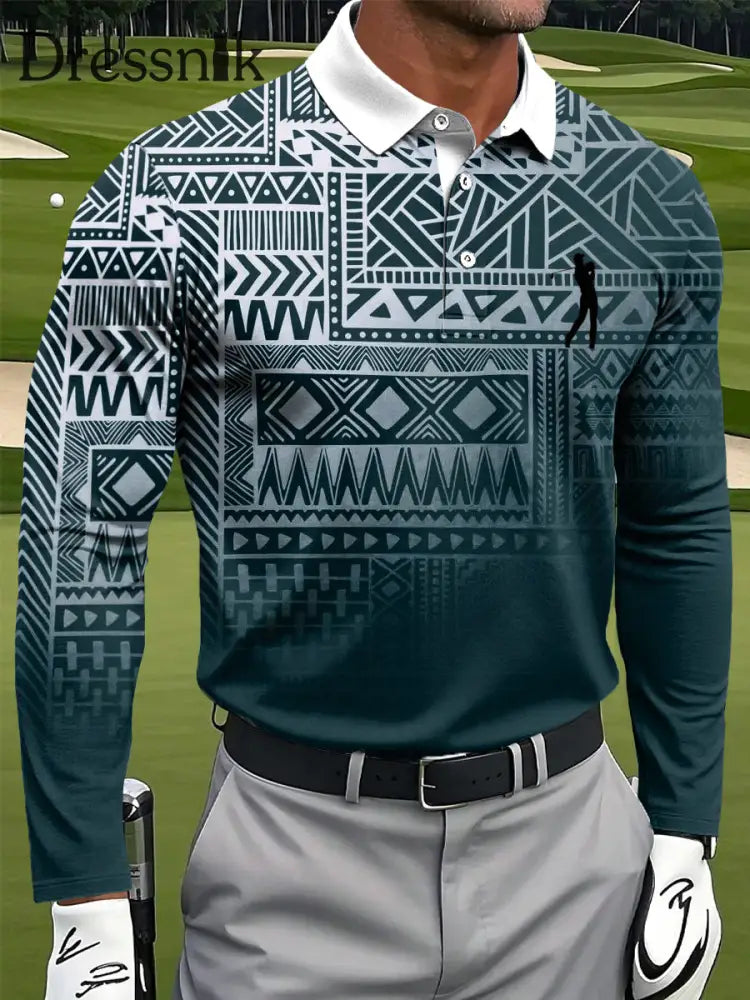 Langärmliges Polos hirt für Männer mit Retro-Steigung ethnischer geometrischer Kunstdruck bunt / S