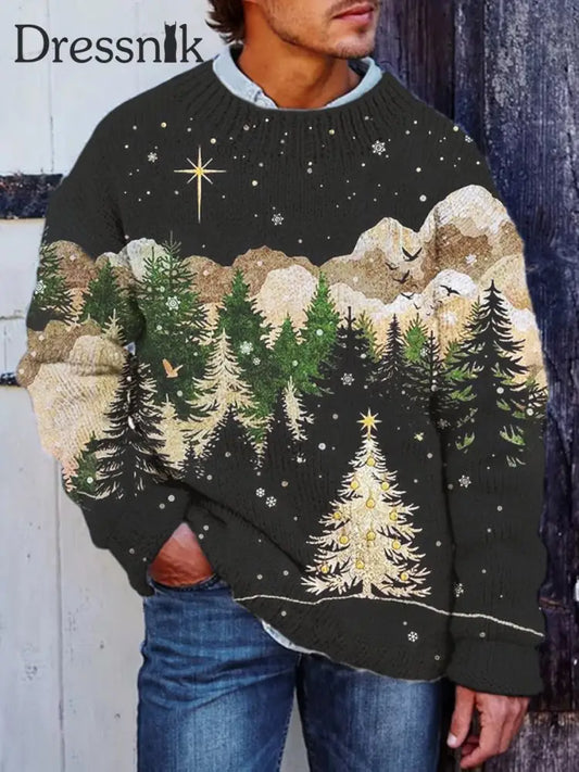 Langärmliges Strick-Sweatshirt Mit Rundhals Ausschnitt Retro-Weihnachts Kunst Bedruckt A / S