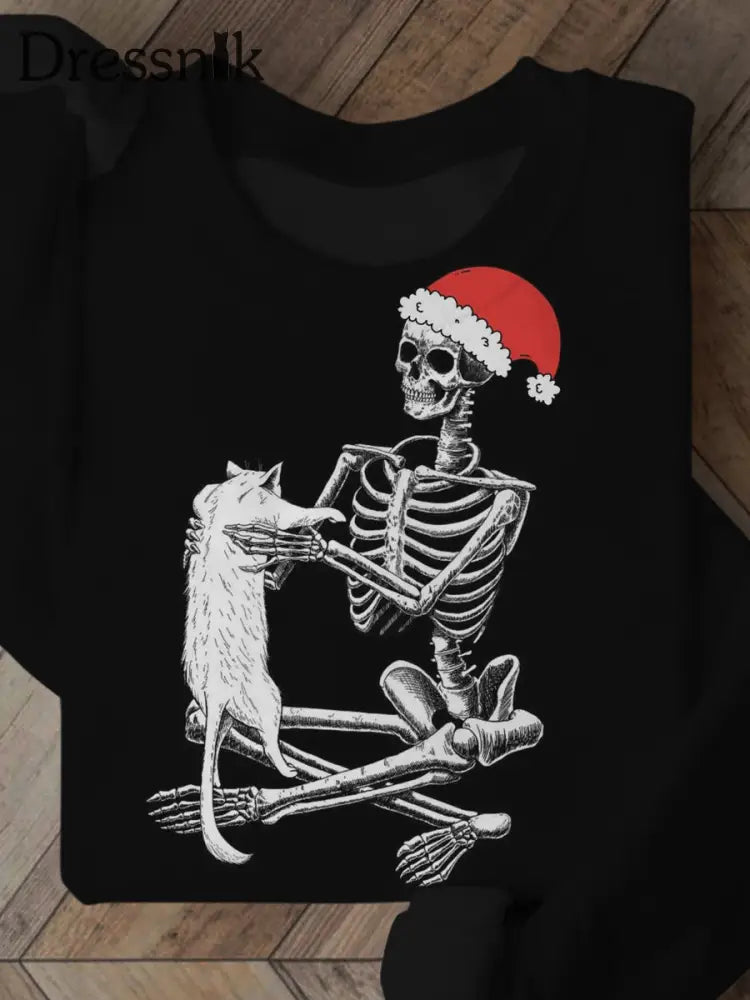 Langärmliges Sweatshirt Lustiger Weihnachts Schädel Und Die Katze Druck Mode Crewneck Pullover