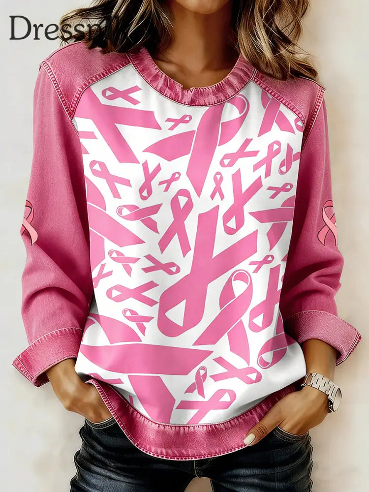 Langärmliges Sweatshirt mit Brustkrebs bedrucktem Kragen für Frauen Rosa / S