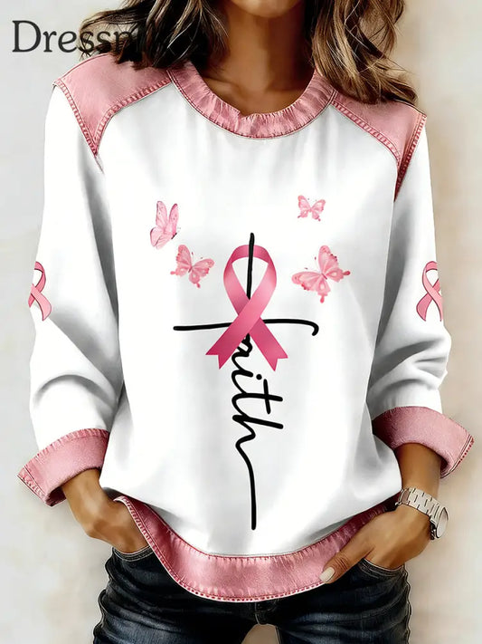 Langärmliges Sweatshirt mit Brustkrebs bedrucktem Kragen für Frauen Rosa / S