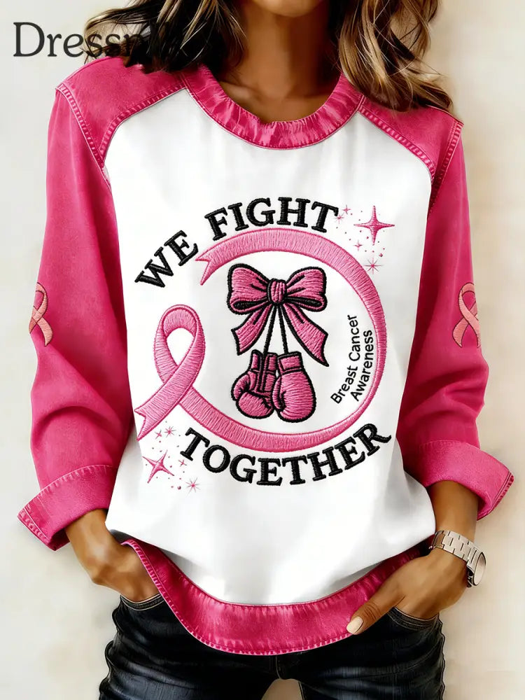 Langärmliges Sweatshirt mit Brustkrebs bedrucktem Kragen für Frauen Rosa / S