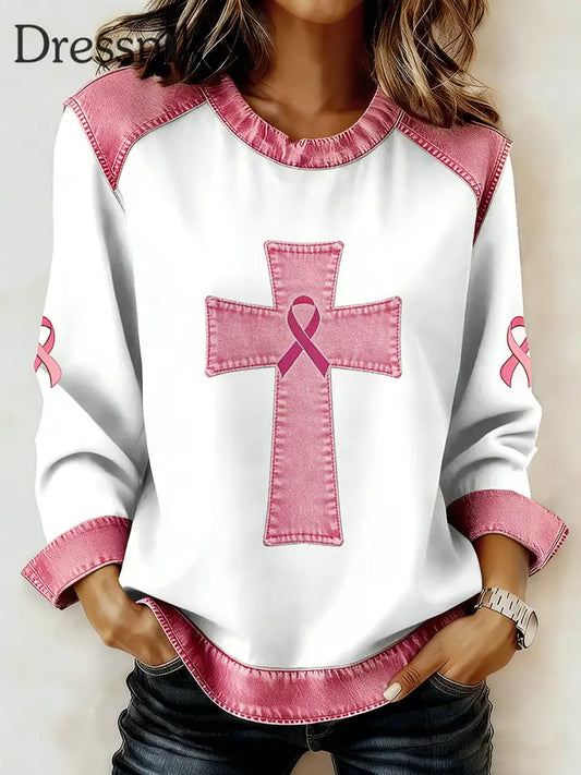 Langärmliges Sweatshirt mit Brustkrebs bedrucktem Kragen für Frauen Rosa / S