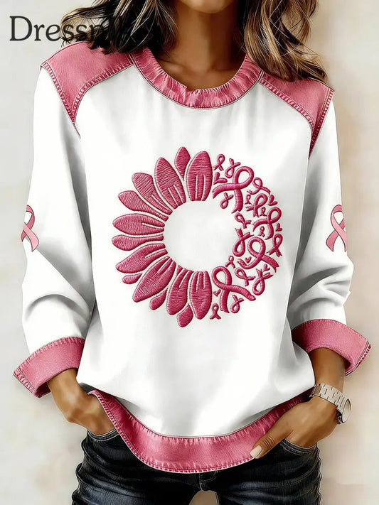 Langärmliges Sweatshirt mit Brustkrebs bedrucktem Kragen für Frauen Rosa / S