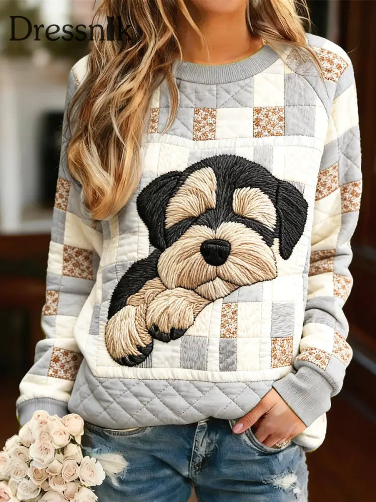 Langärmliges Sweatshirt mit Patchwork-Print für Damen Grau / S