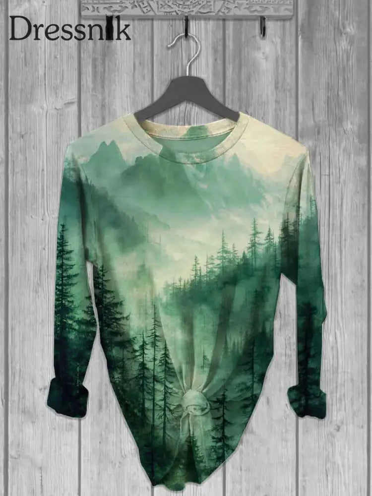 Langärmliges T-Shirt Aus Unisex Wald Landschaft Grün / S