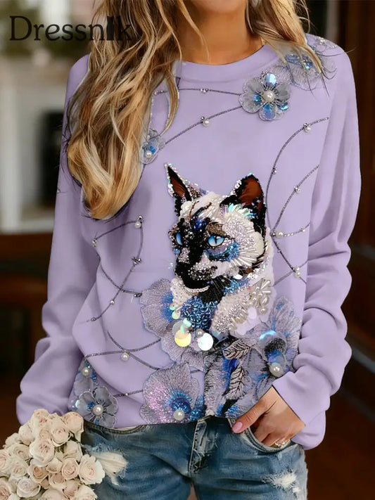 Langärmliges T-Shirt mit Pailletten bedruck für Damen Lila / S