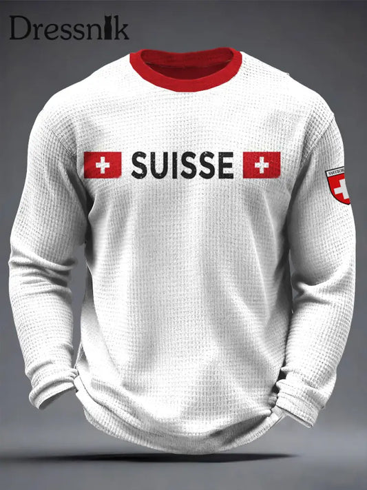 Langärmliges T-Shirt mit weißer Waffel-Weave-Flagge für Männer Weiß / S