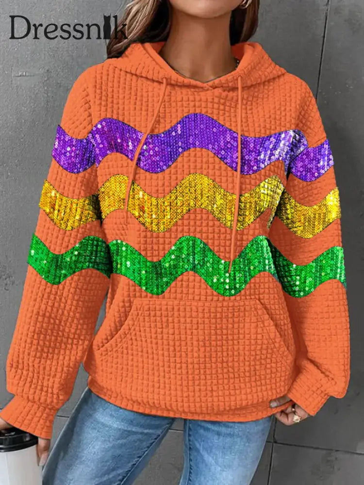 Langarm-Kapuzenpullover Mit Karnevals-Print Für Damen Pumpkin Orange / S