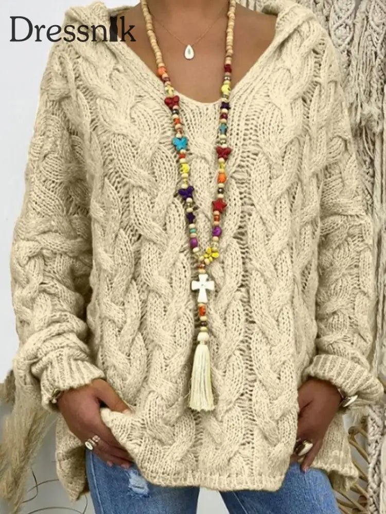 Langarm-Strick pullover mit Kapuze für Damen Aprikose / S