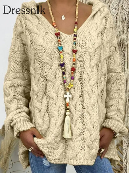 Langarm-Strick pullover mit Kapuze für Damen Aprikose / S