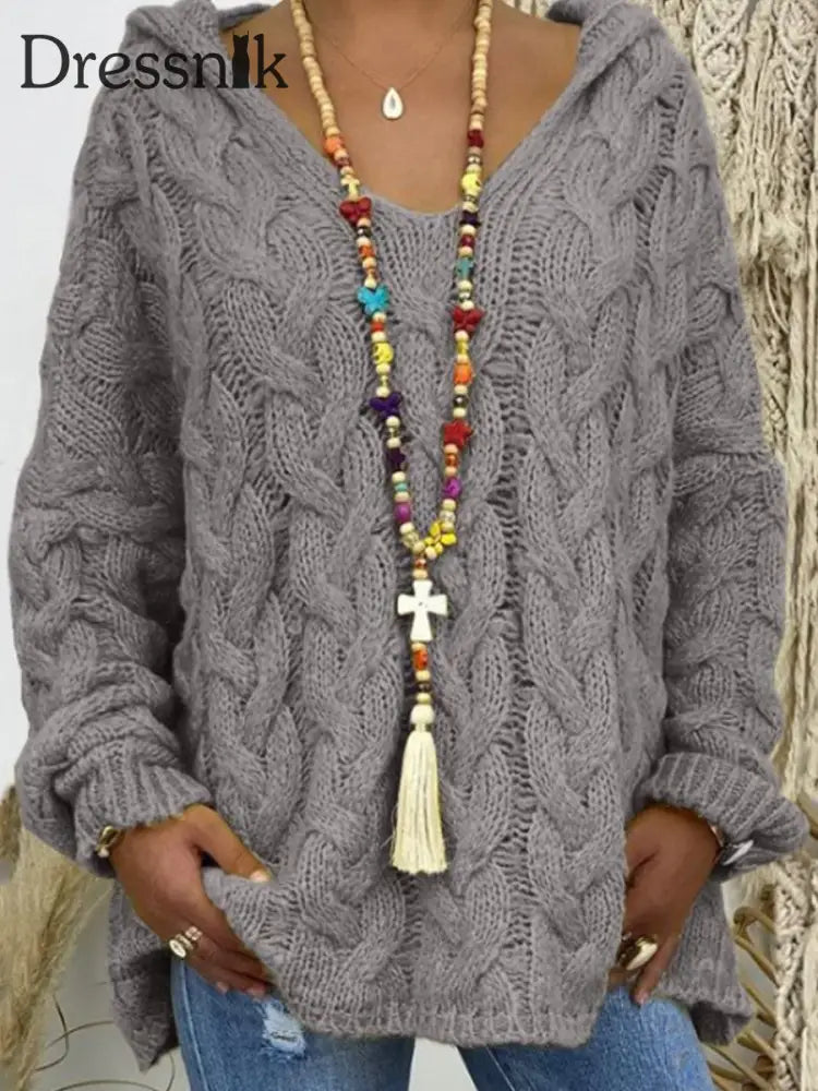 Langarm-Strick pullover mit Kapuze für Damen Grau / S