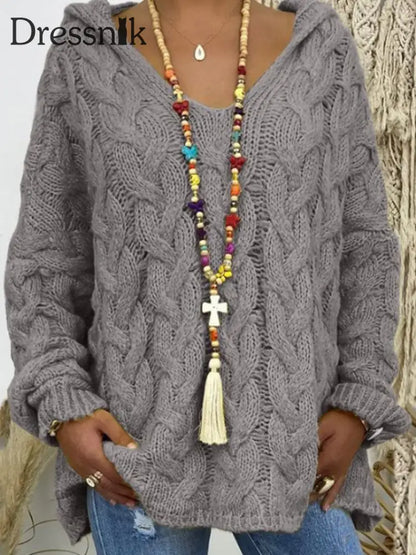 Langarm-Strick pullover mit Kapuze für Damen Grau / S