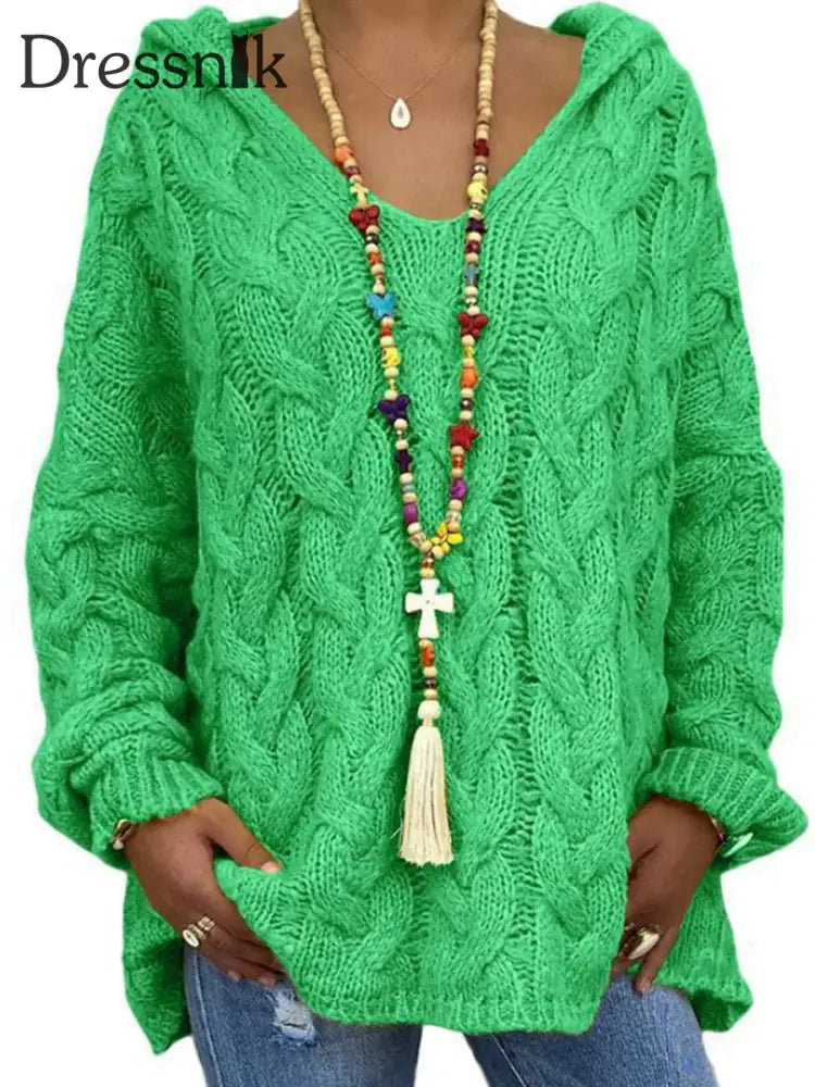 Langarm-Strick pullover mit Kapuze für Damen Grün / S