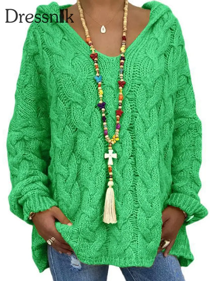 Langarm-Strick pullover mit Kapuze für Damen Grün / S