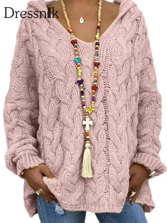 Langarm-Strick pullover mit Kapuze für Damen Rosa / S