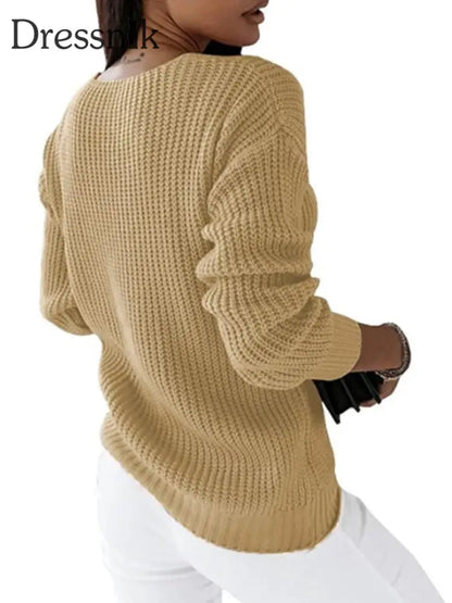Langarm-Strick pullover mit V-Ausschnitt für Damen Aprikose / S