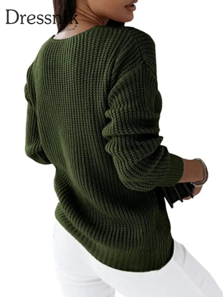 Langarm-Strick pullover mit V-Ausschnitt für Damen Armee grün / S