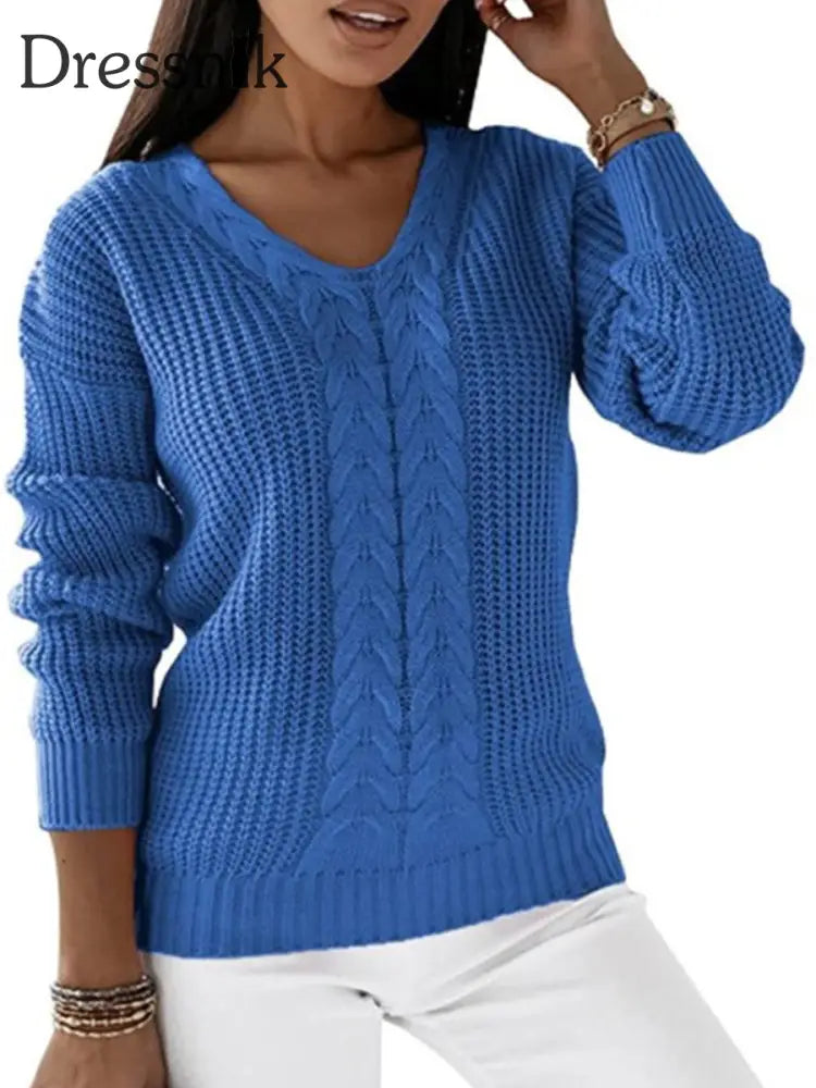 Langarm-Strick pullover mit V-Ausschnitt für Damen Blau / S