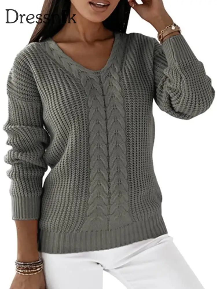 Langarm-Strick pullover mit V-Ausschnitt für Damen Grau / S