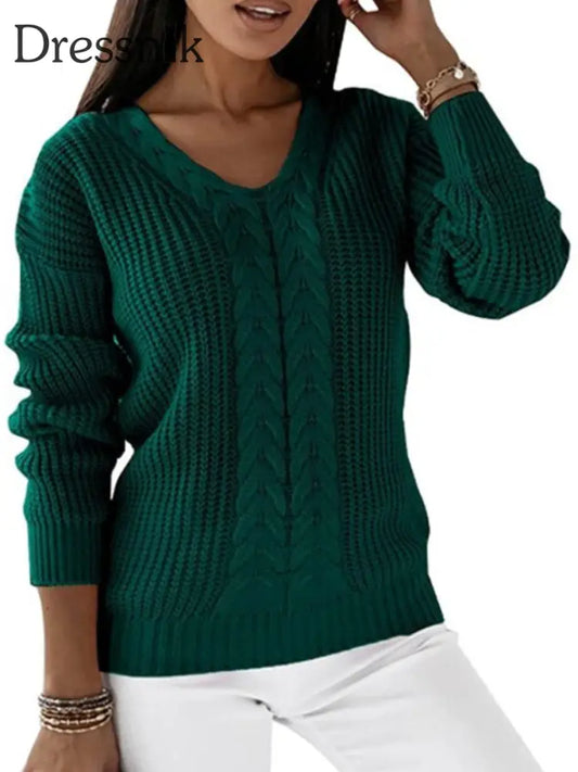 Langarm-Strick pullover mit V-Ausschnitt für Damen Grün / S