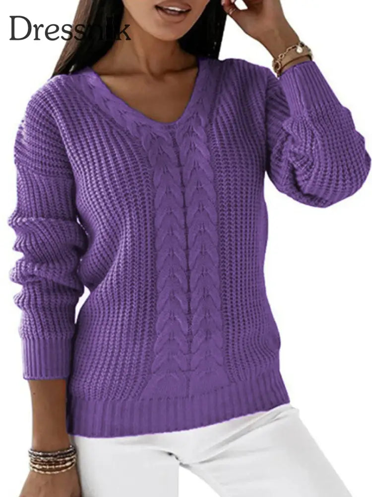 Langarm-Strick pullover mit V-Ausschnitt für Damen Lila / S