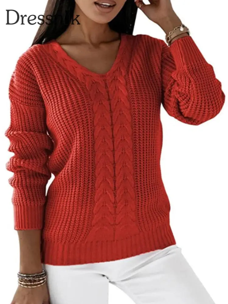 Langarm-Strick pullover mit V-Ausschnitt für Damen Rot / S