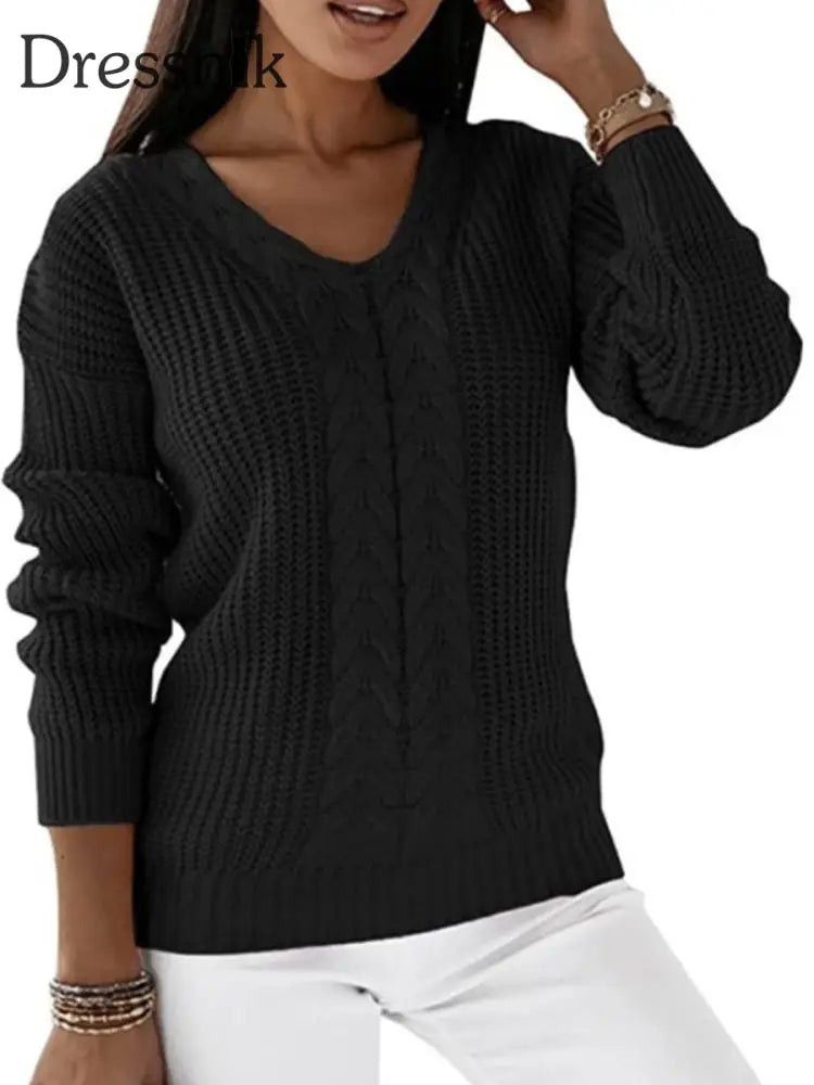 Langarm-Strick pullover mit V-Ausschnitt für Damen Schwarz / S