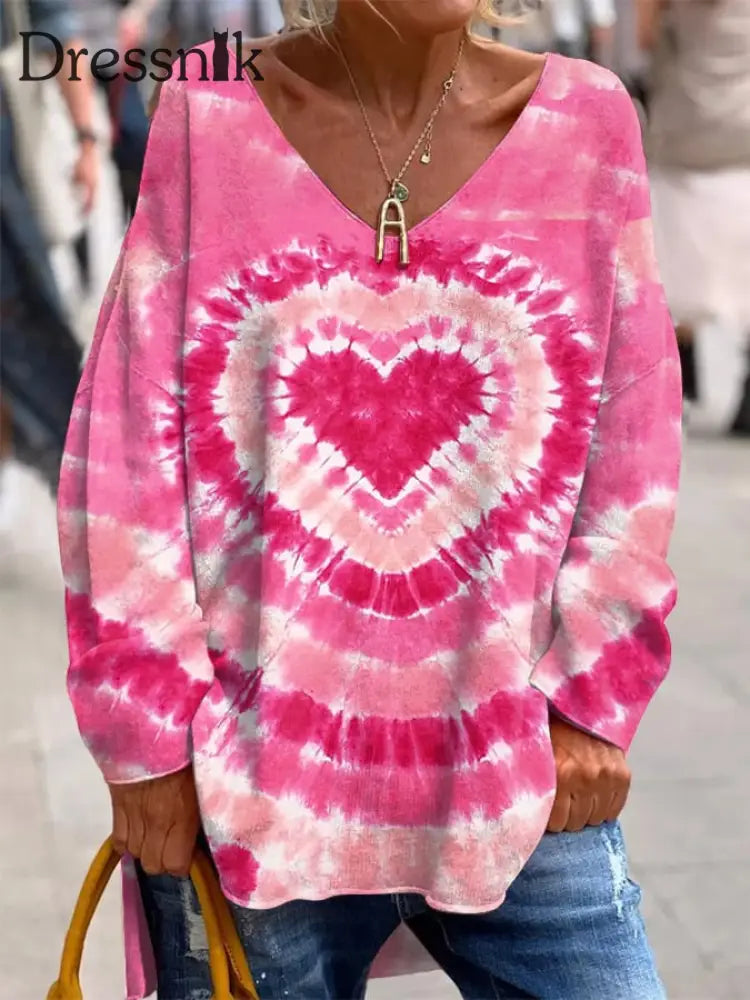 Langarmshirt Mit V-Ausschnitt Und Batik-Herzmuster Für Damen Zum Valentinstag Pink / S