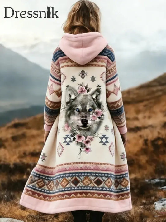 Langer Flanell mantel mit westlichem Muster bedruckt Rosa / S