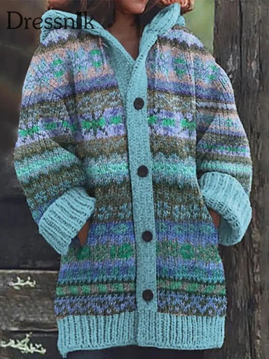 Langer Mantel aus Fleece mit westlichem Vintage-Druck für Damen Blau / S