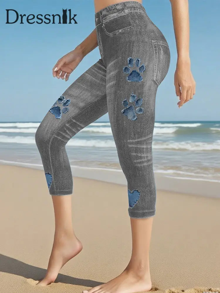 Leggings mit Jeans-Pfote für Frauen Grau / S