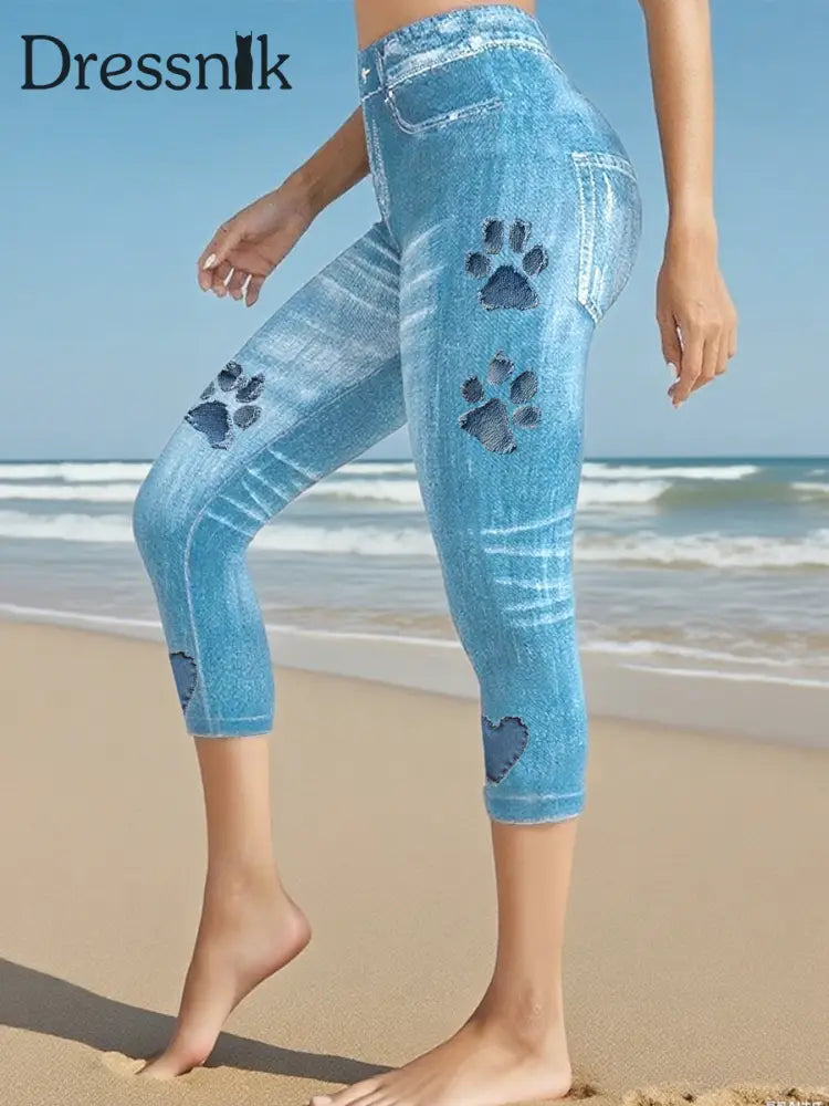Leggings mit Jeans-Pfote für Frauen Himmelblau / S
