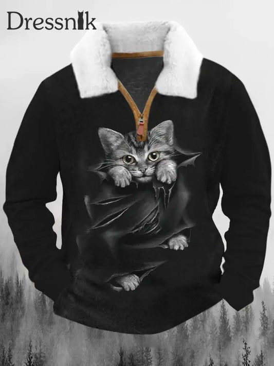 Lustige Katze Kratz Löcher Bedruckt Revers Fluffy Kragen Reiß Verschluss Lässig Lose Sweatshirt