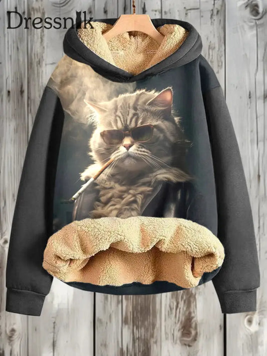 Lustige Katze Print Plus Fleece Warmes Kapuzen-Sweatshirt